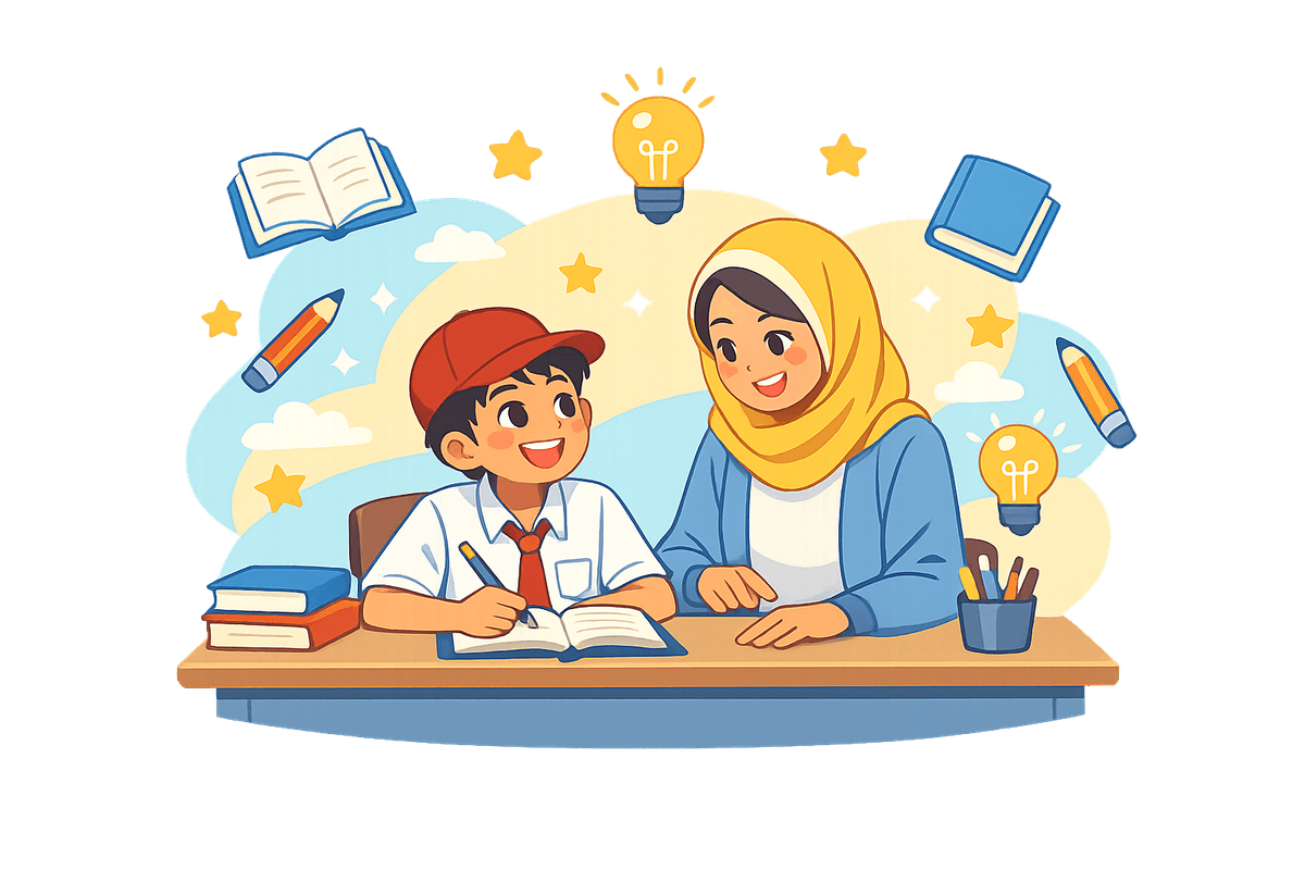 Ilustrasi tutor privat membantu anak belajar lebih percaya diri di rumah